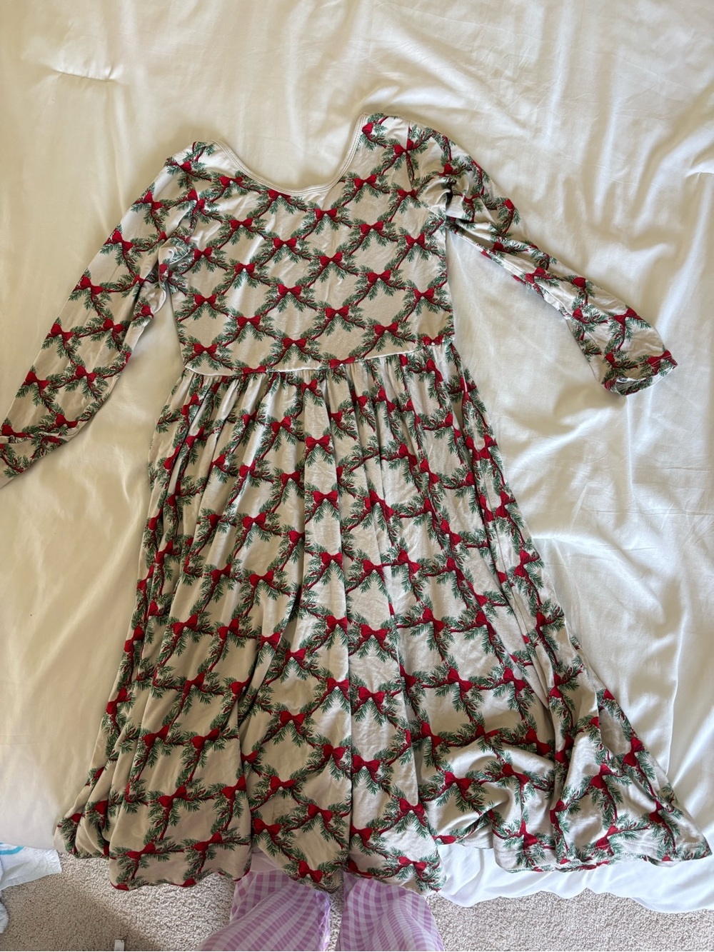 Kyte BABY Cream Dress with Red Bow & Green Wreath Print